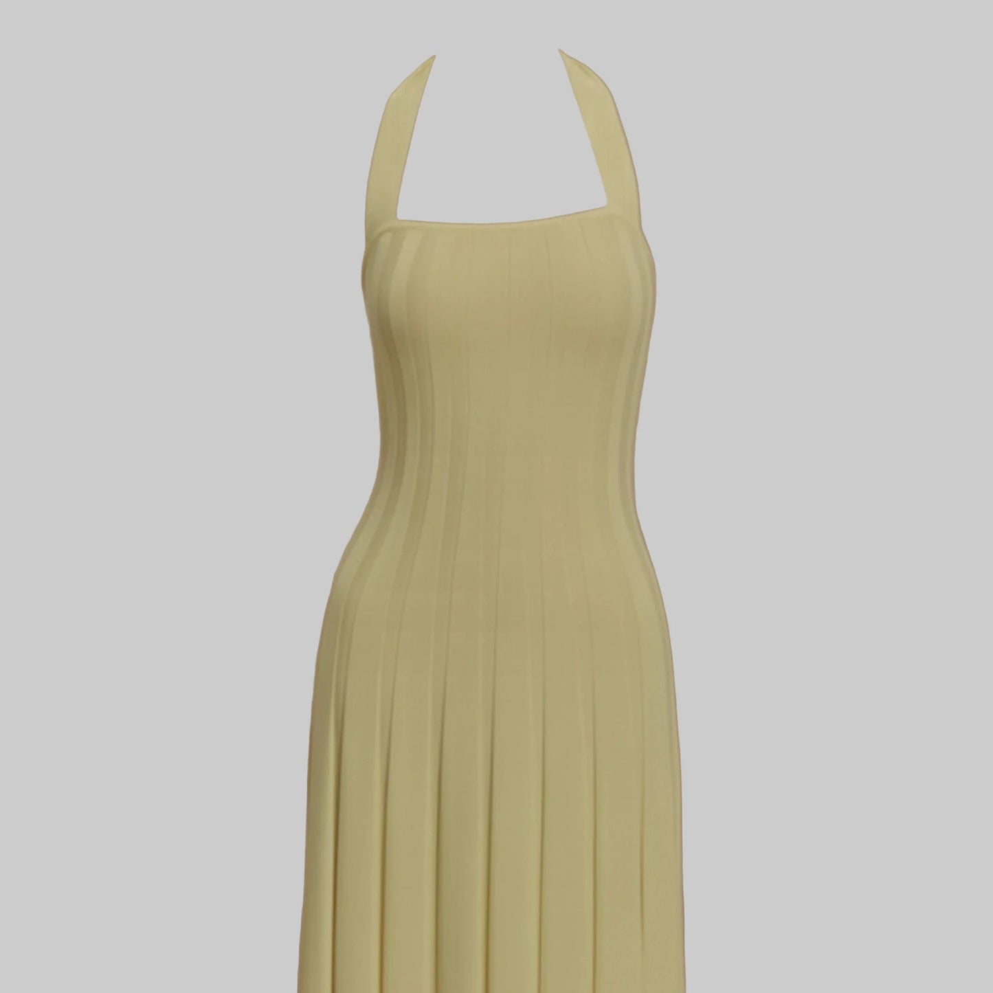 Beige halter neck dress on a light gray background