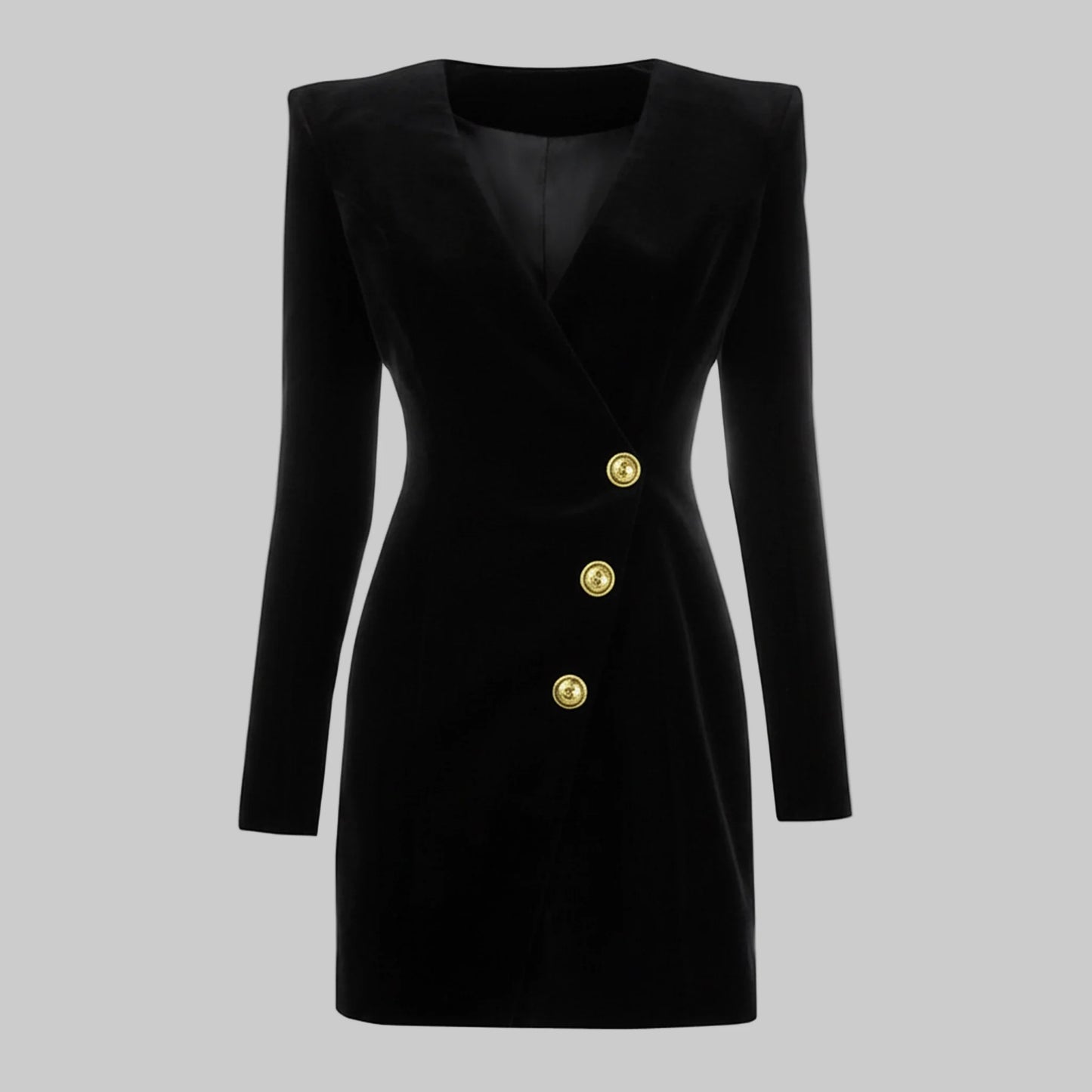 Black dress with gold buttons on a gray background