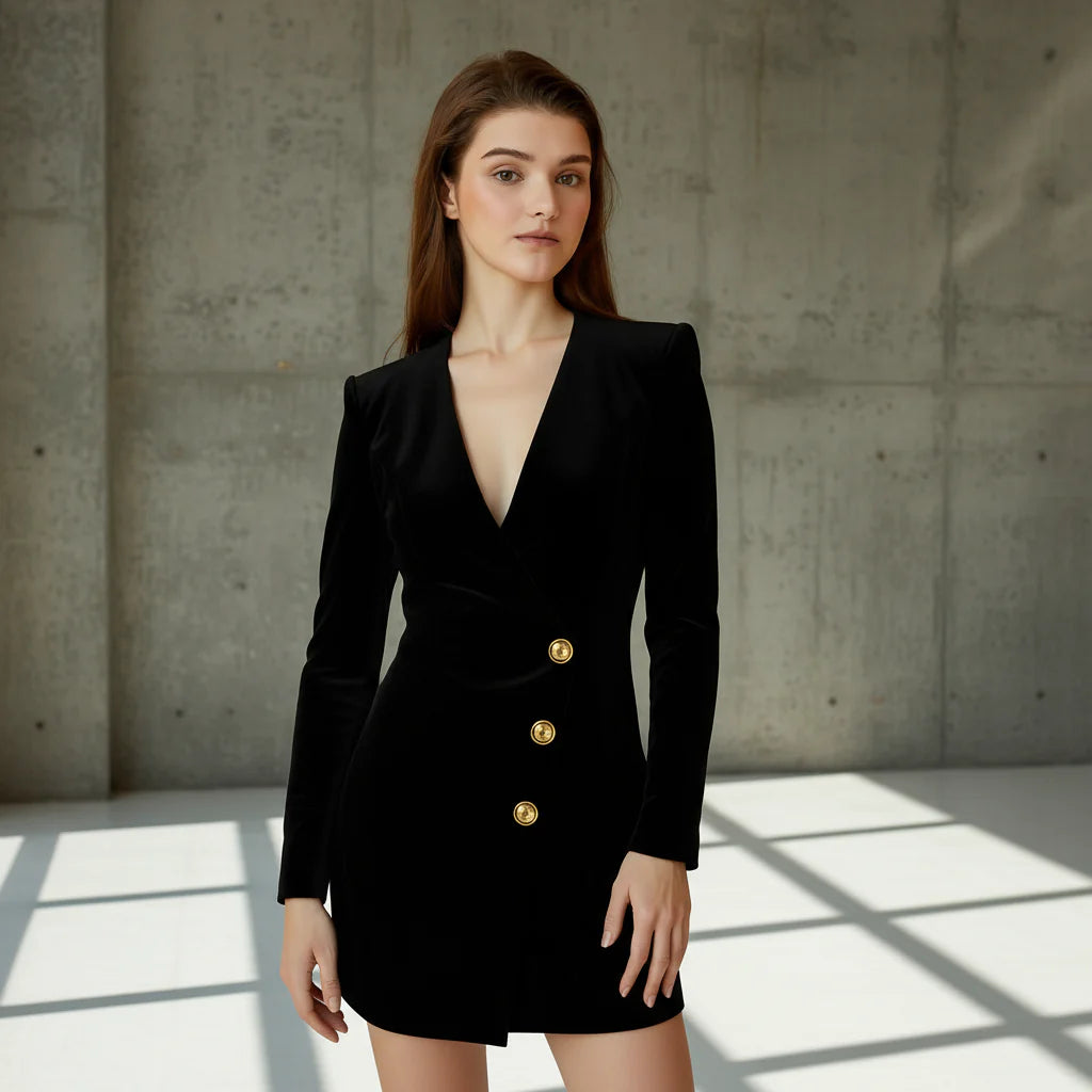 Black blazer dress with gold buttons worn by a model on a gray background