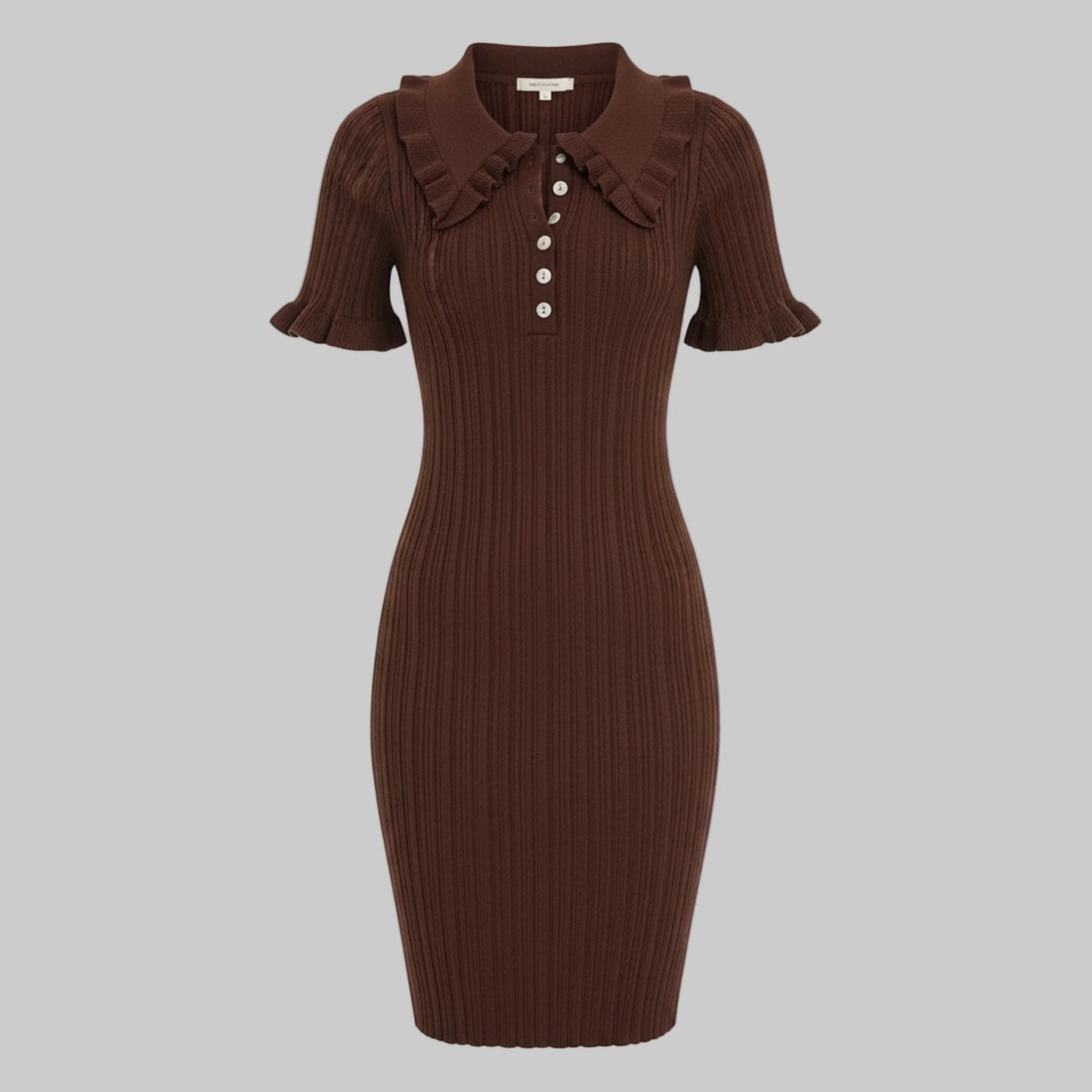 Brown ribbed dress with a collar on a white background