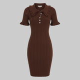 Brown ribbed dress with a collar on a white background