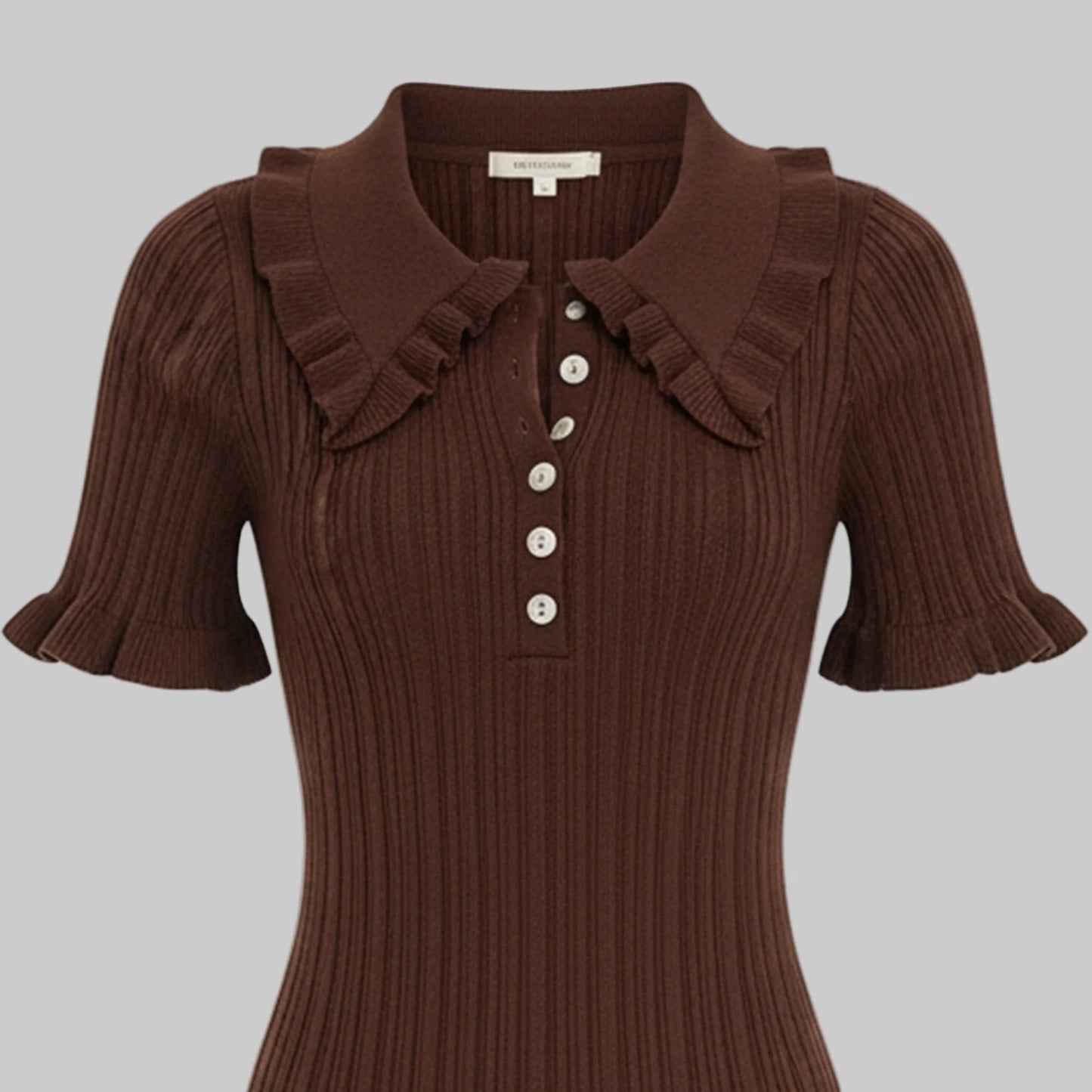 Brown ribbed blouse with ruffled collar on a white background