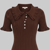 Brown ribbed blouse with ruffled collar on a white background