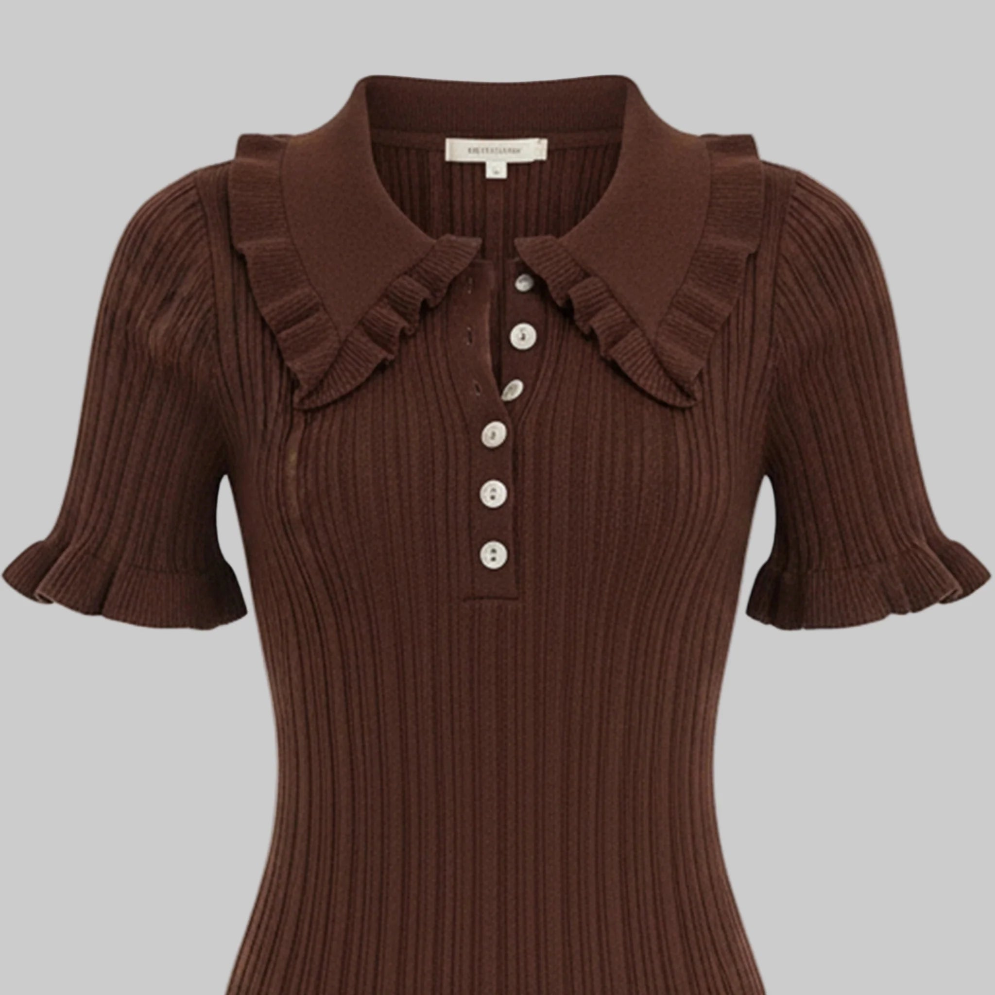 Brown ribbed blouse with ruffled collar on a white background