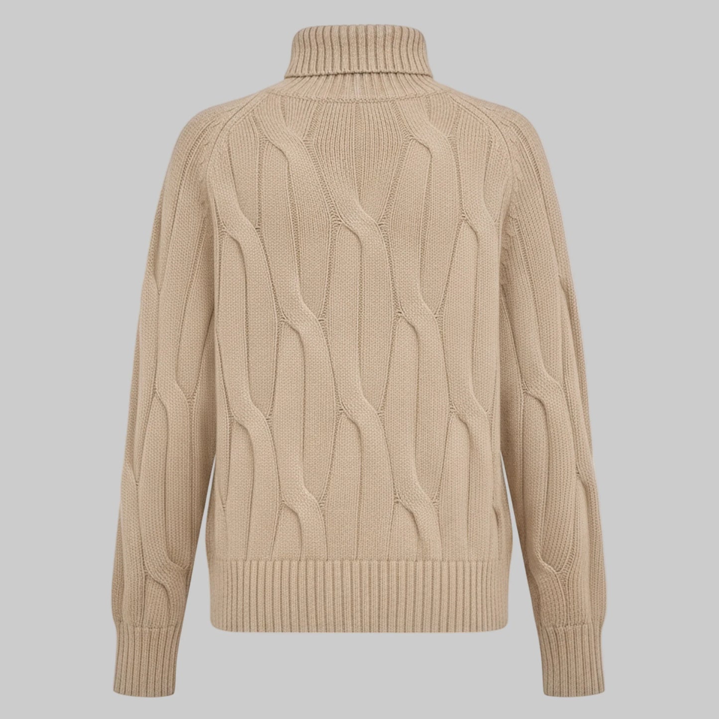 Beige cable knit sweater on a light gray background