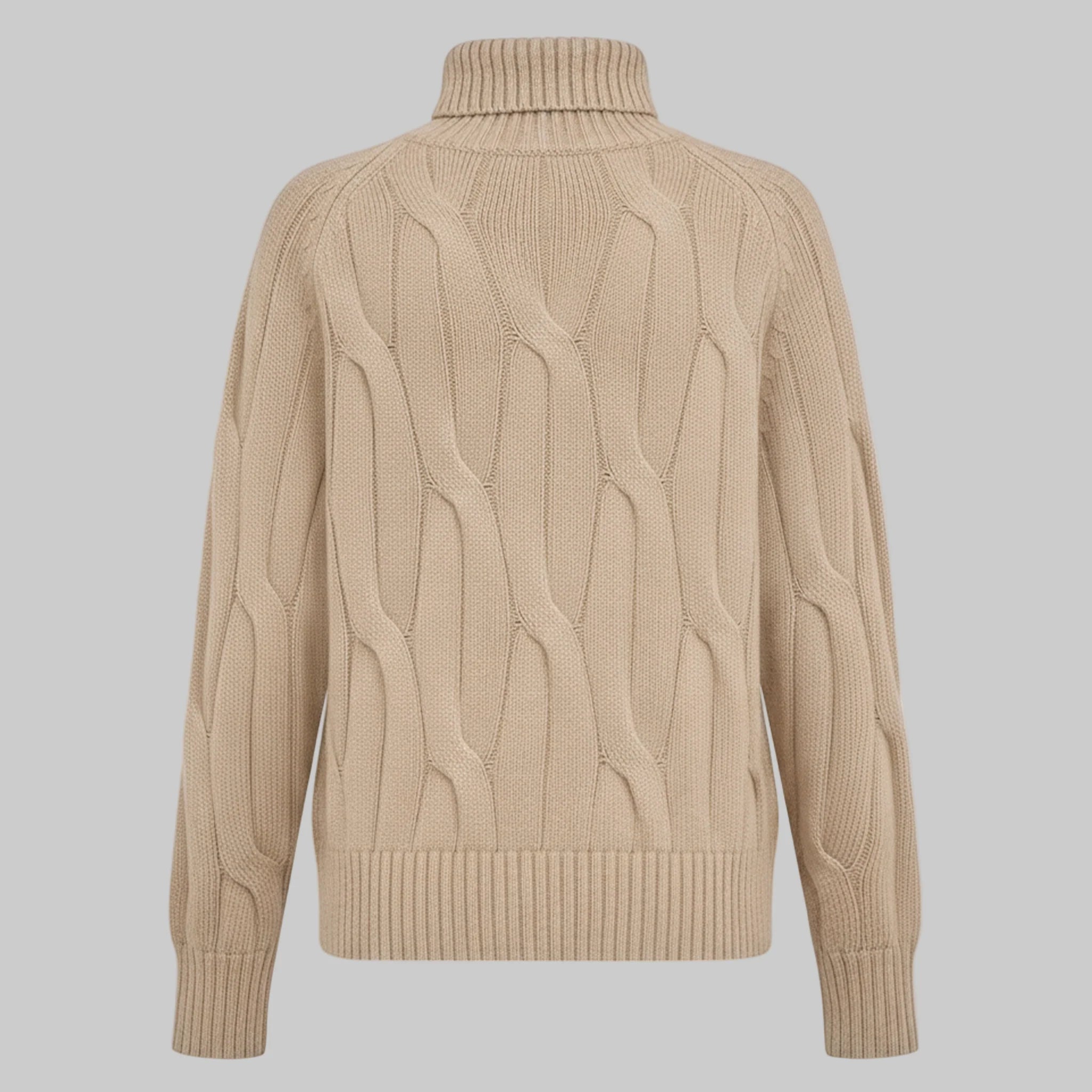 Beige cable knit sweater on a light gray background