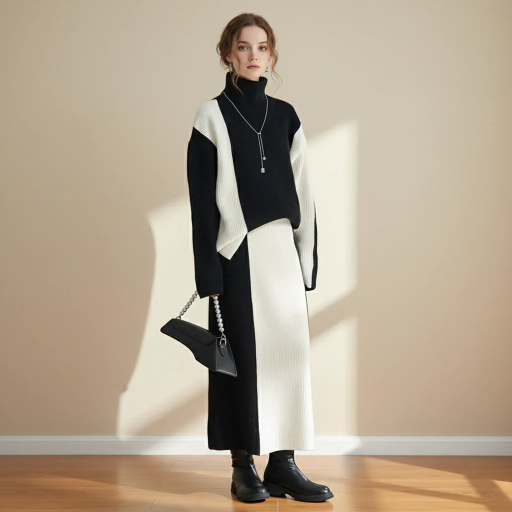 Woman wearing a black and white outfit with a handbag on a gray background