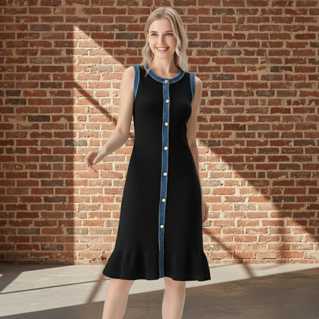 Woman wearing a black dress with blue accents on a gray background