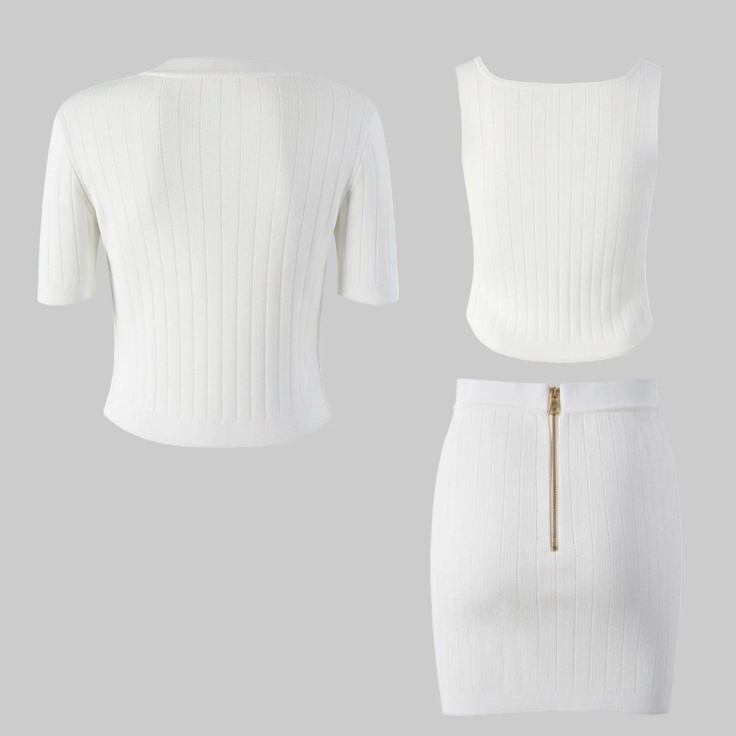 White ribbed crop top and skirt set on a gray background