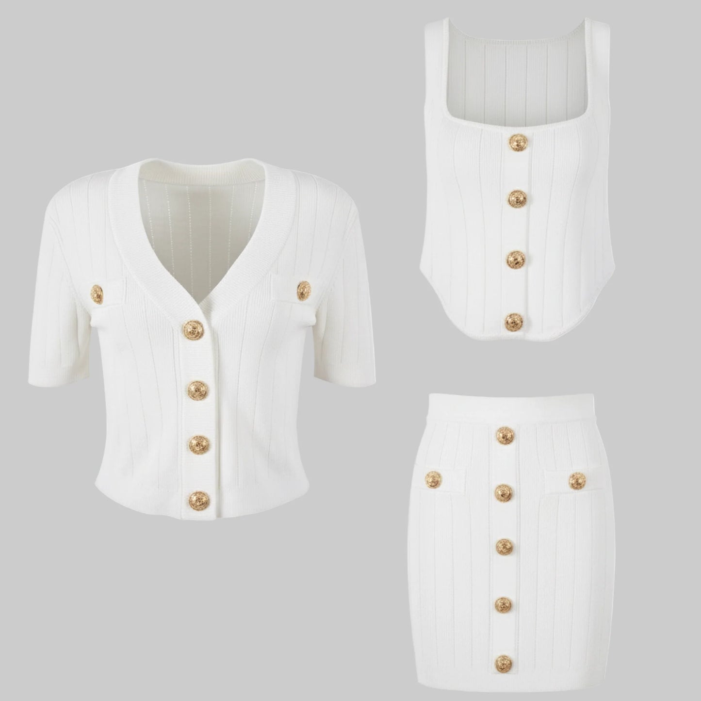 White outfit with gold buttons on a white background