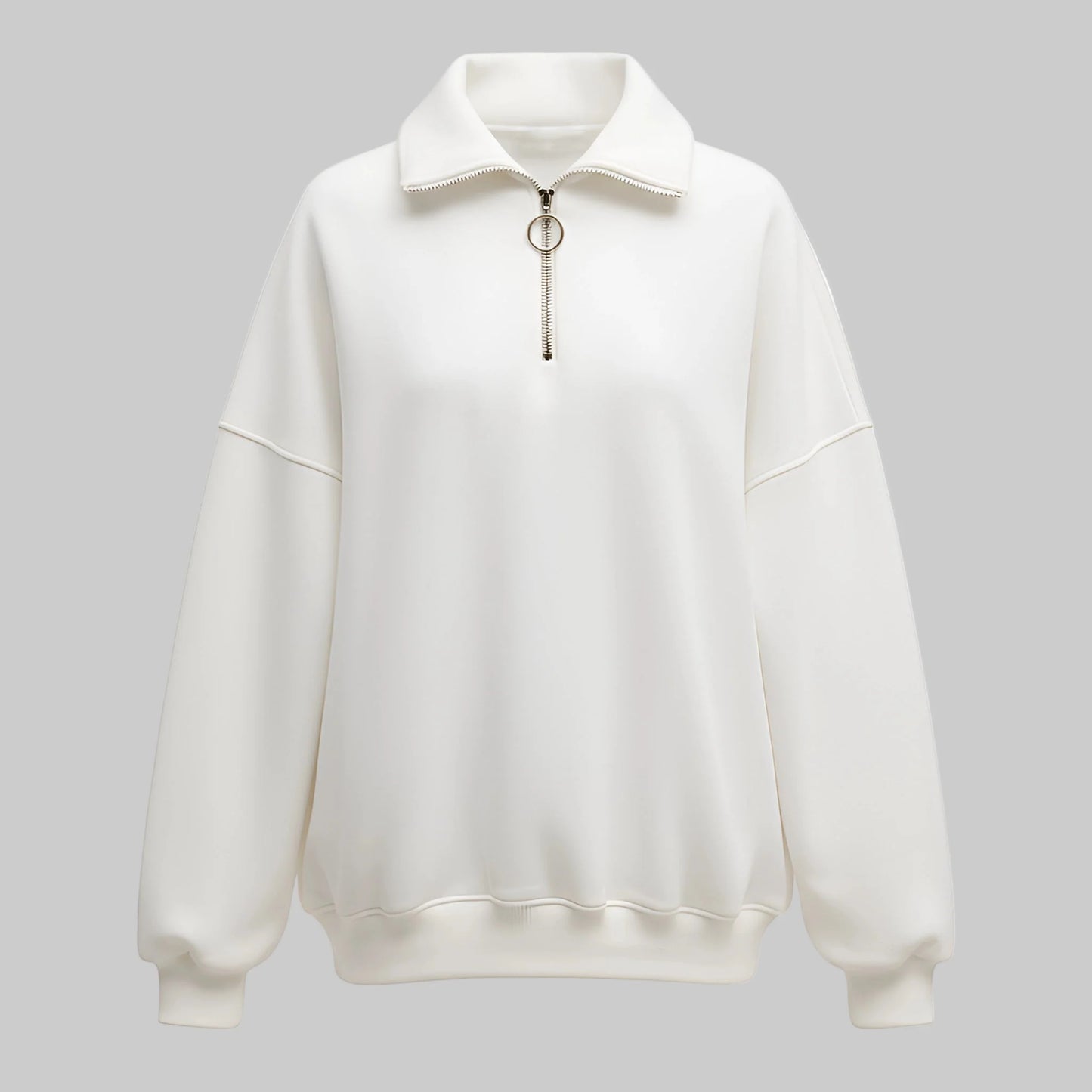 White sweatshirt with a high collar on a gray background