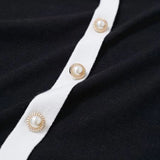 Close-up of a black garment with white trim and pearl buttons.