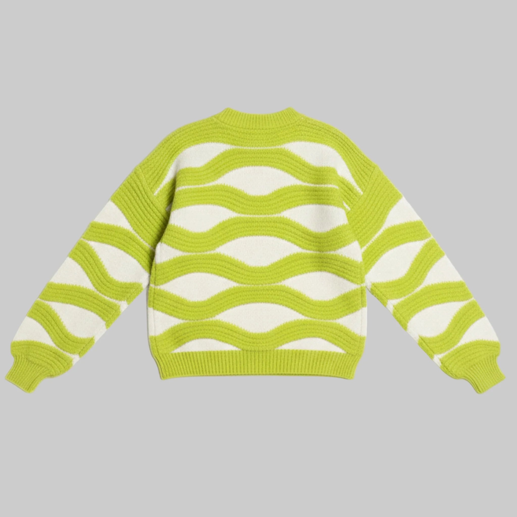 Green and white striped sweater on a gray background
