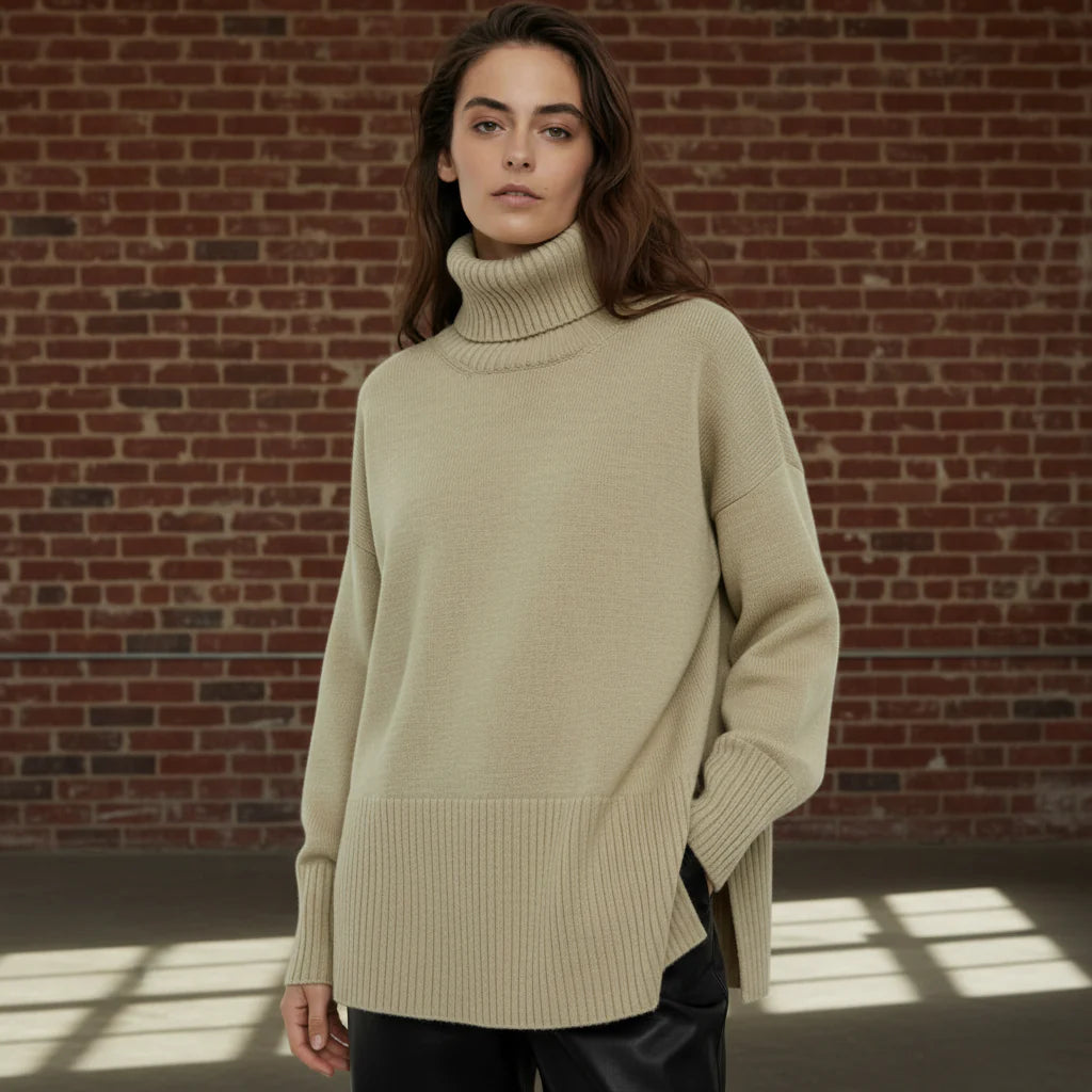 Woman wearing a beige turtleneck sweater on a plain background