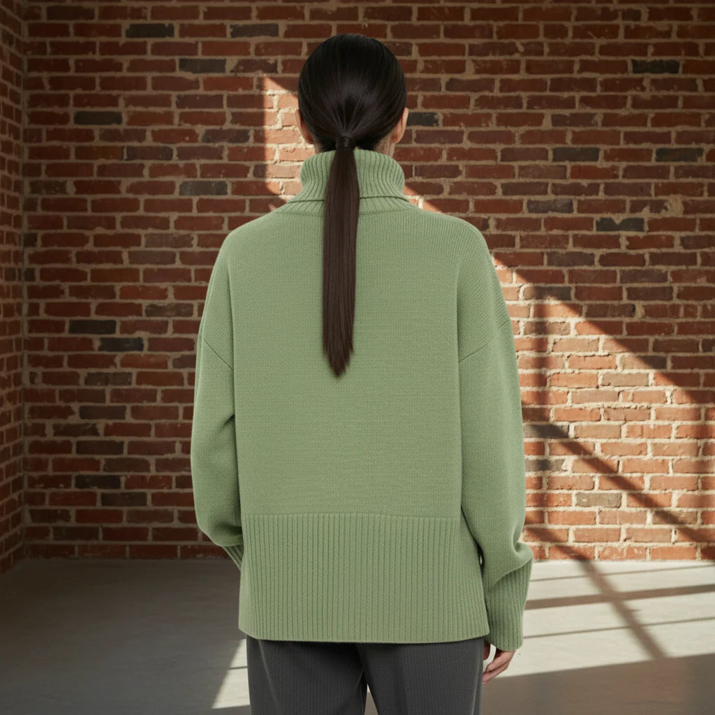 Person wearing a green sweater from behind on a gray background