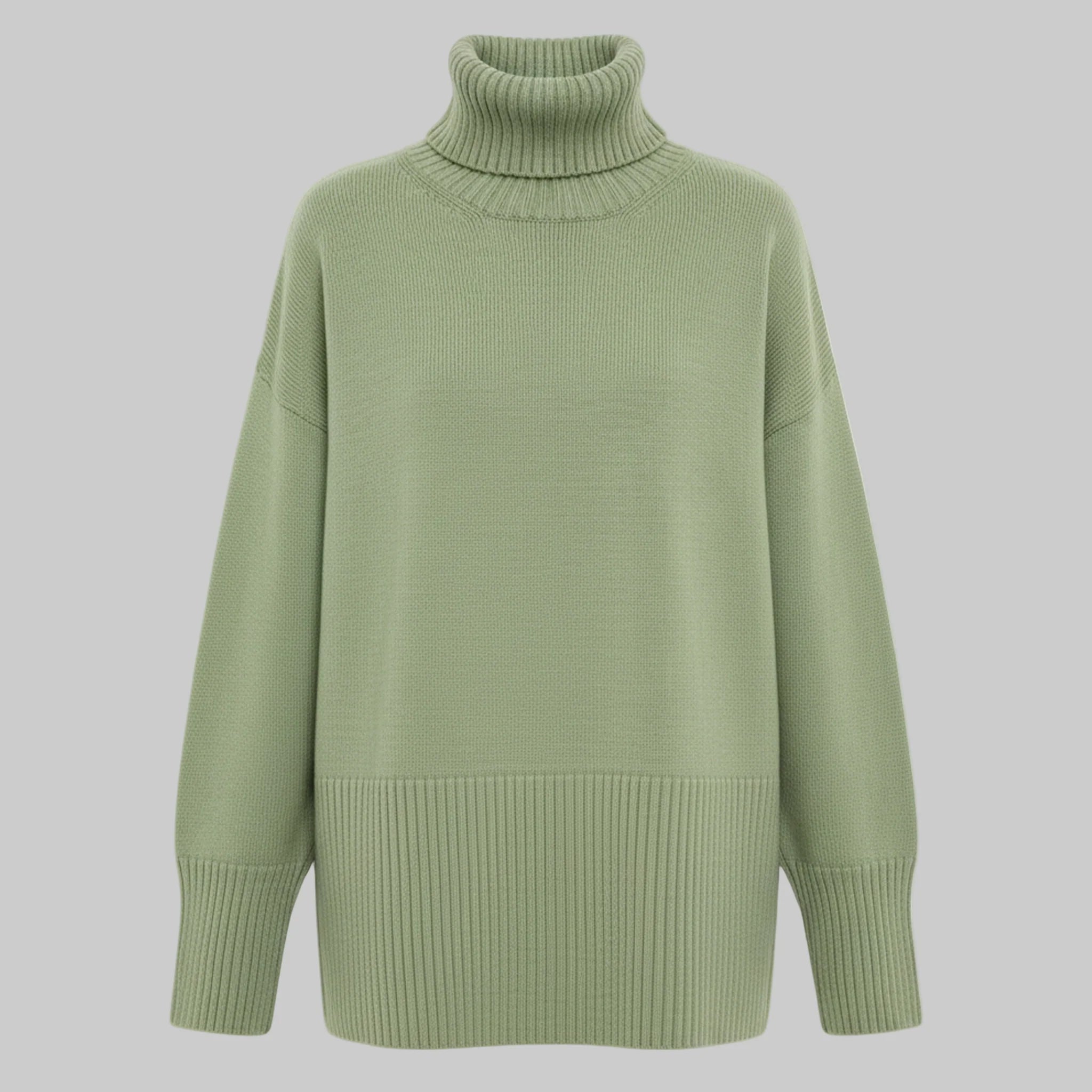 Green turtleneck sweater on a white background