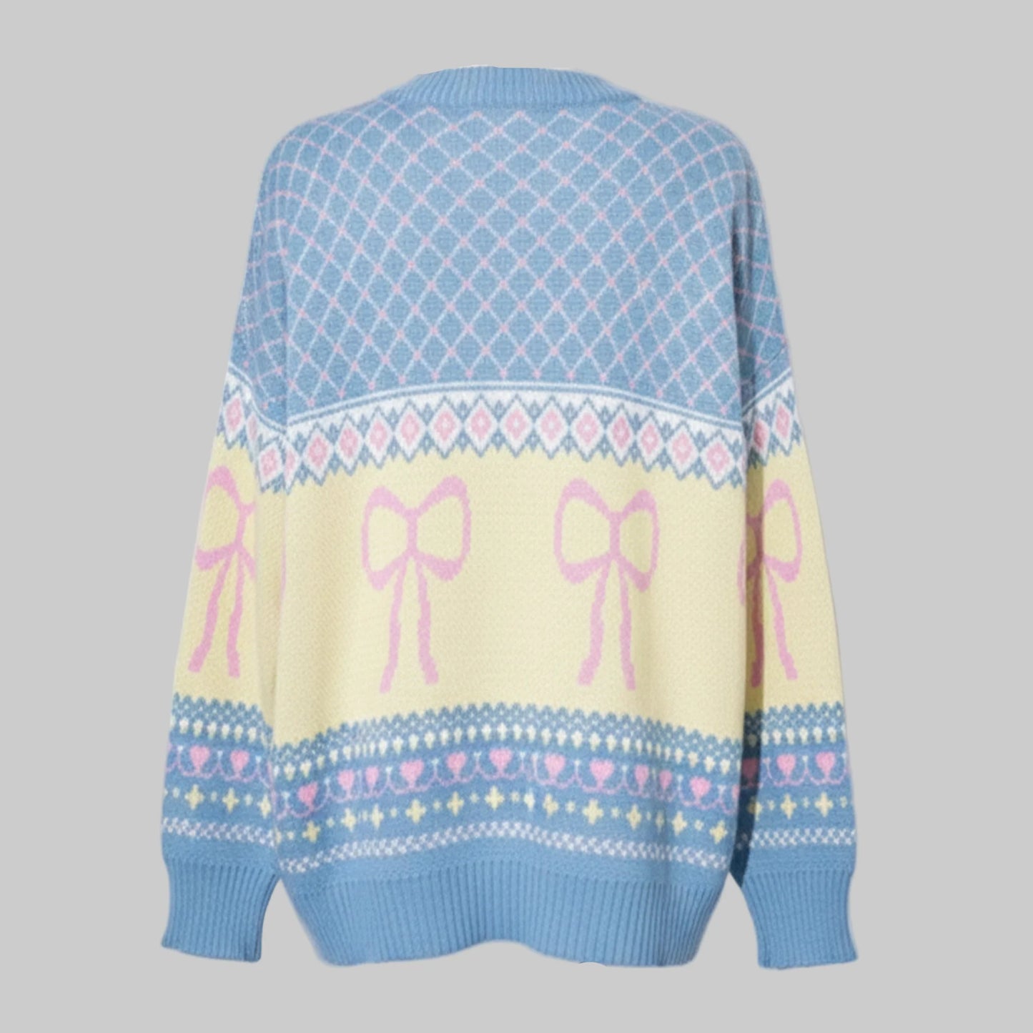 Sweater with pink bows and decorative patterns on a gray background
