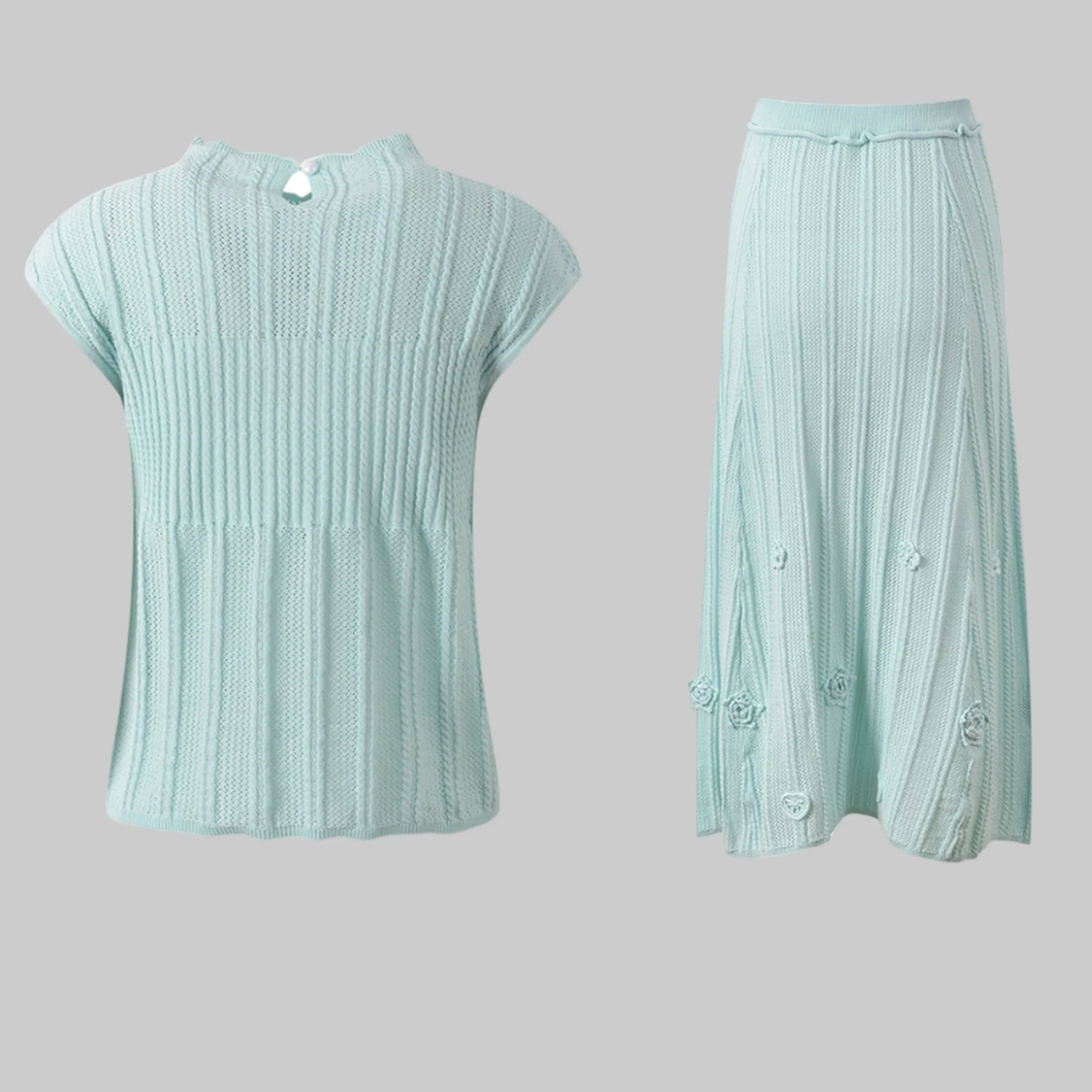 Light blue ribbed sleeveless top and skirt set on a white background