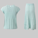 Light blue ribbed sleeveless top and skirt set on a white background