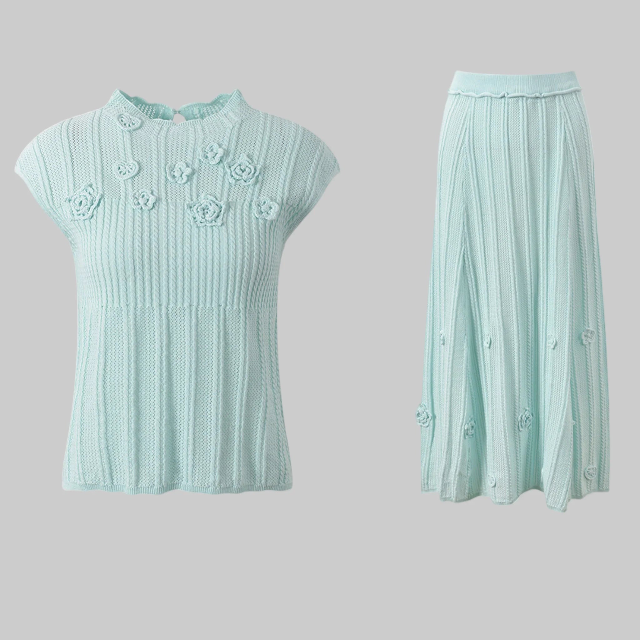 Light blue top and skirt set on a white background