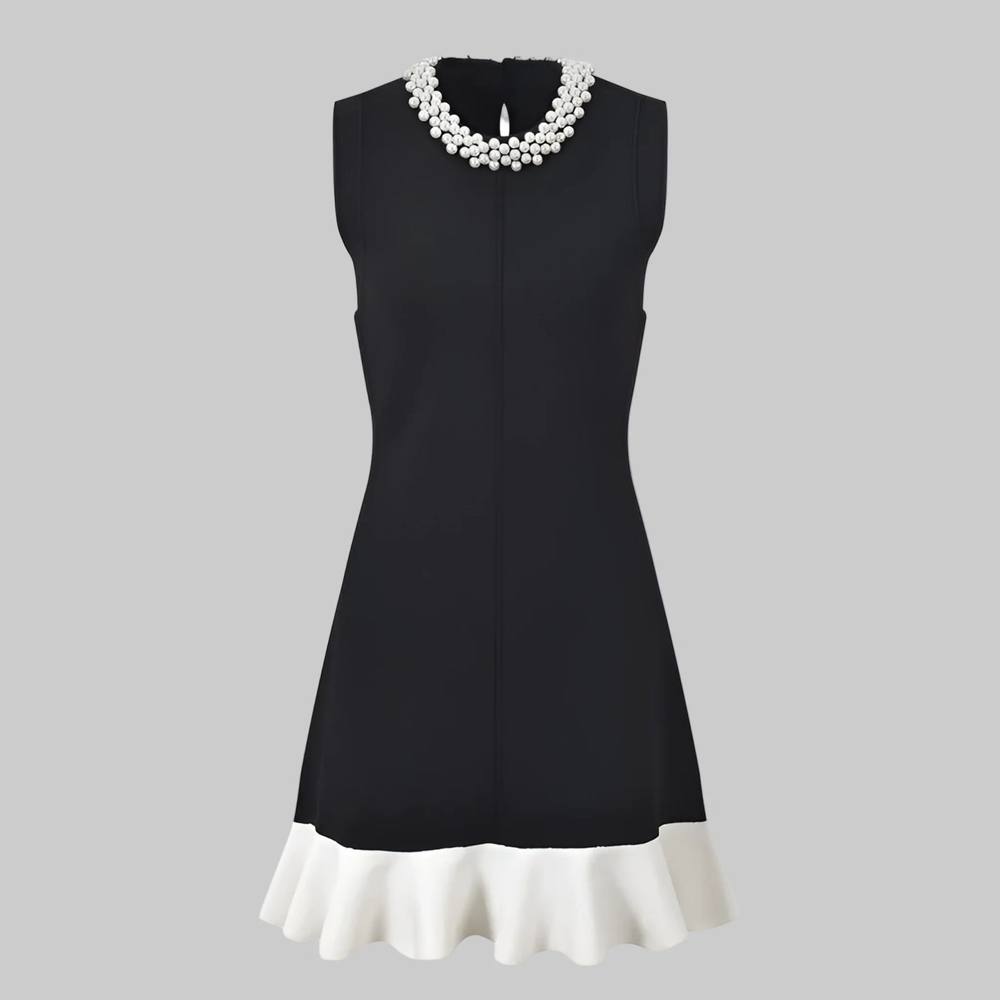 Black dress with white trim on a white background