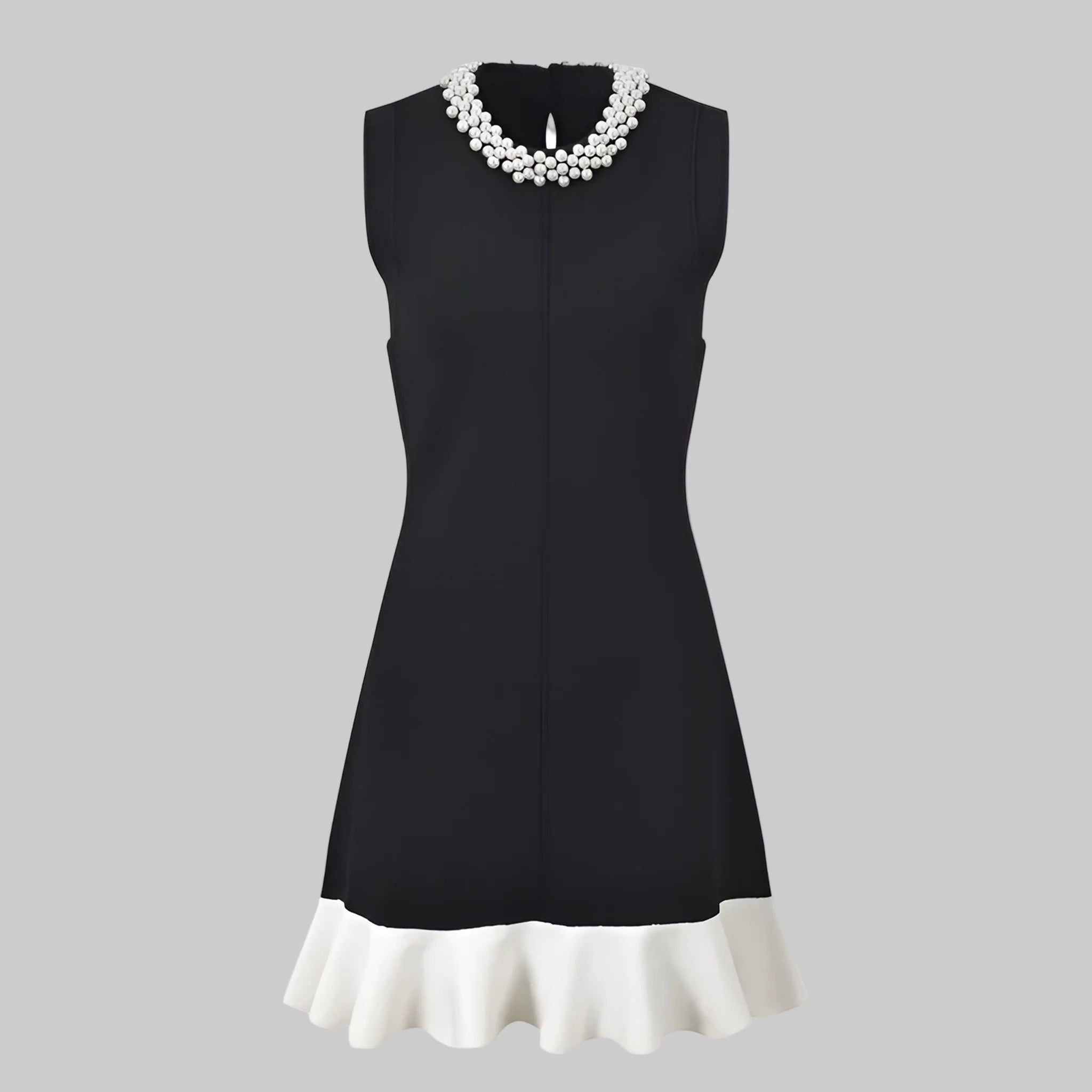 Black dress with white trim on a white background