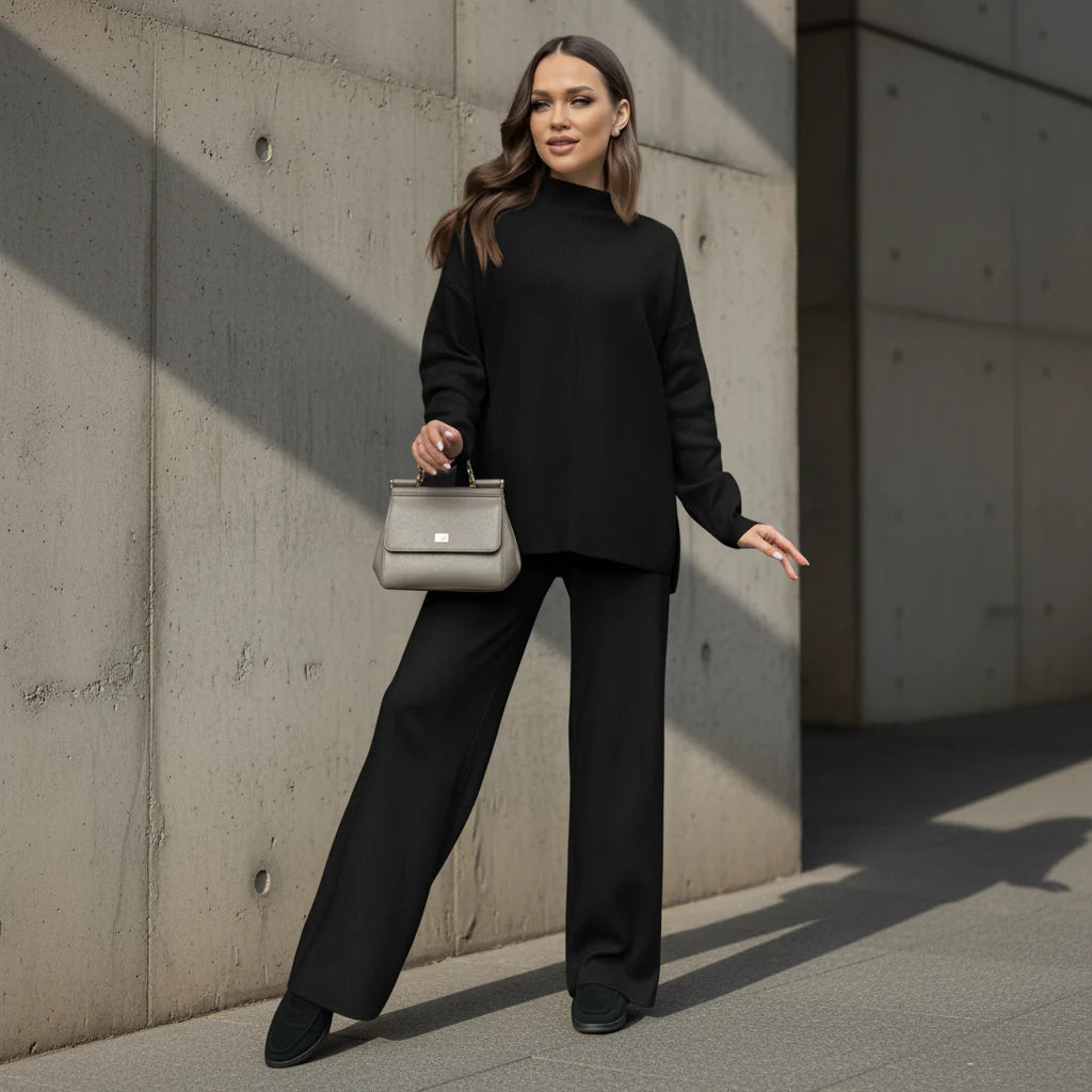 Woman wearing a black outfit with a gray handbag on a gray background