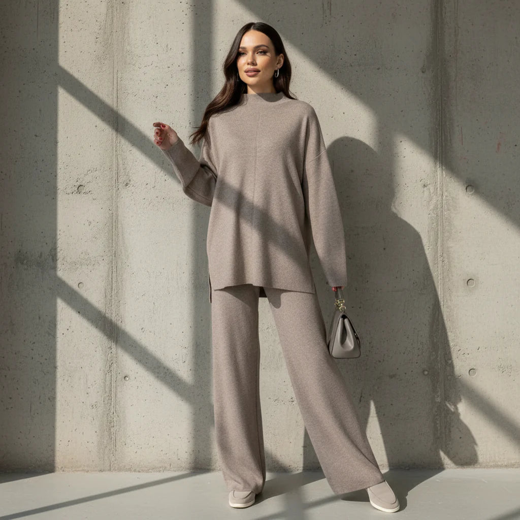 Woman wearing a beige outfit with a matching handbag on a gray background