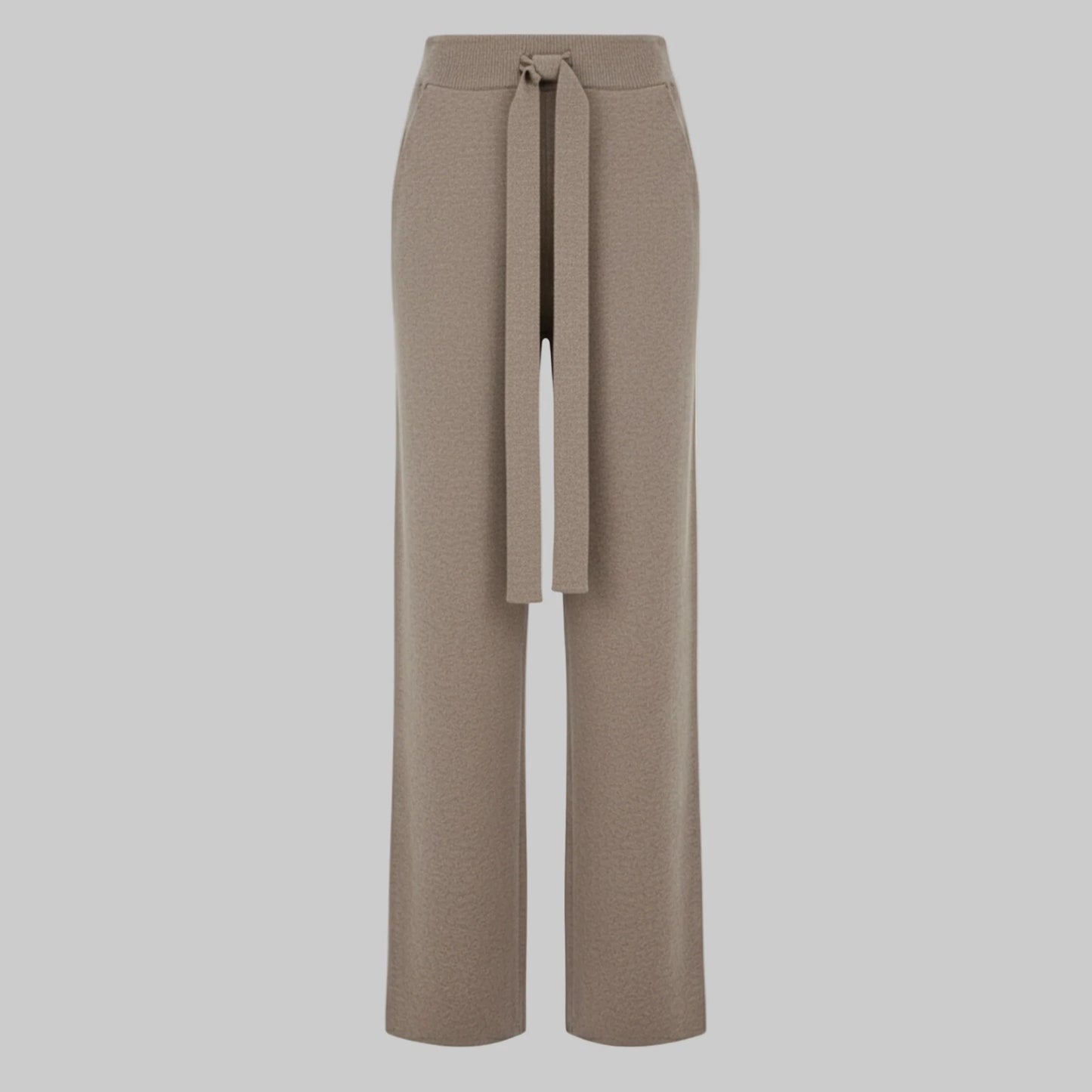 Beige wide-leg pants with a tie waist on a white background