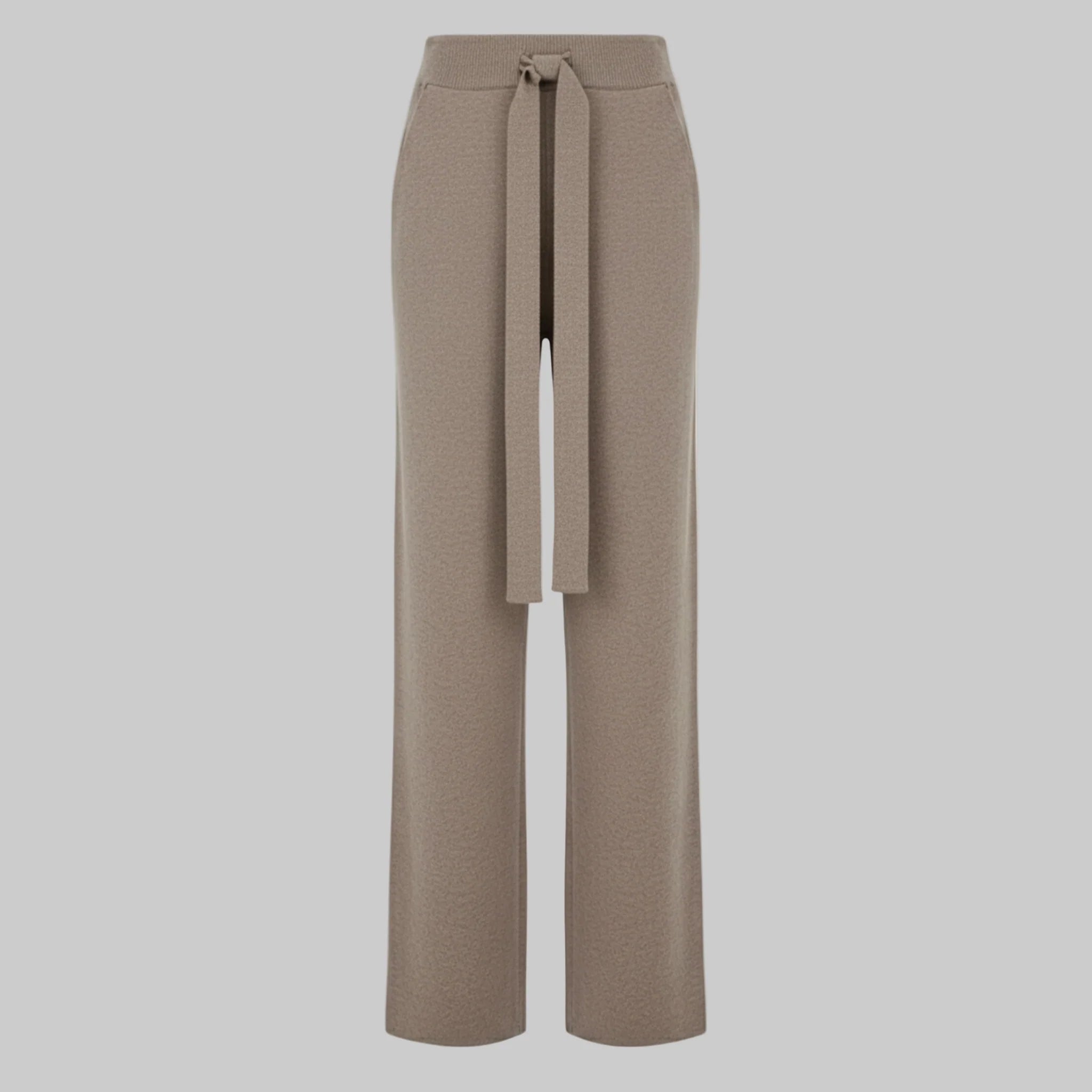 Beige wide-leg pants with a tie waist on a white background