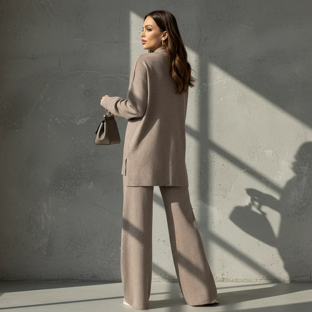 Woman wearing a brown outfit with a matching handbag on a gray background