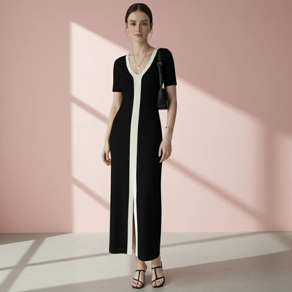 Woman wearing a black and white dress on a gray background