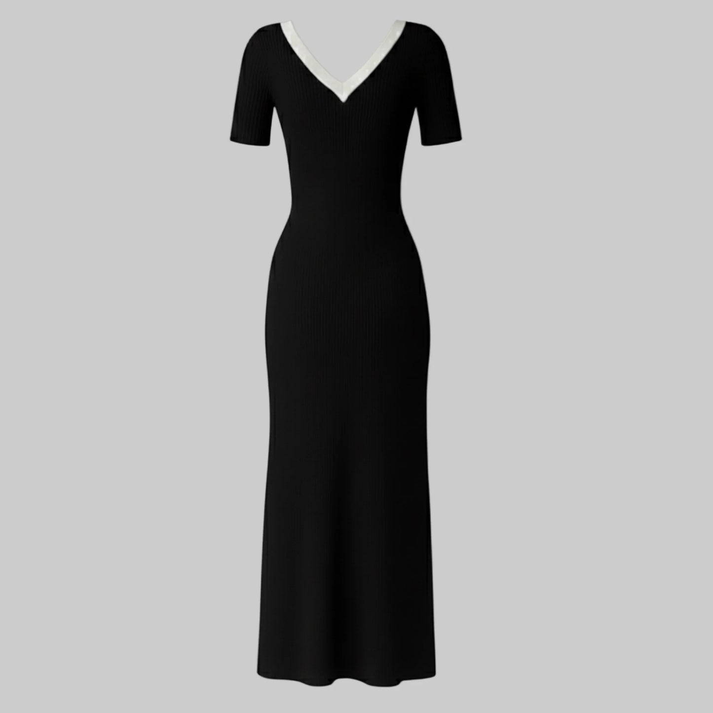 Black evening gown with white neckline on a gray background