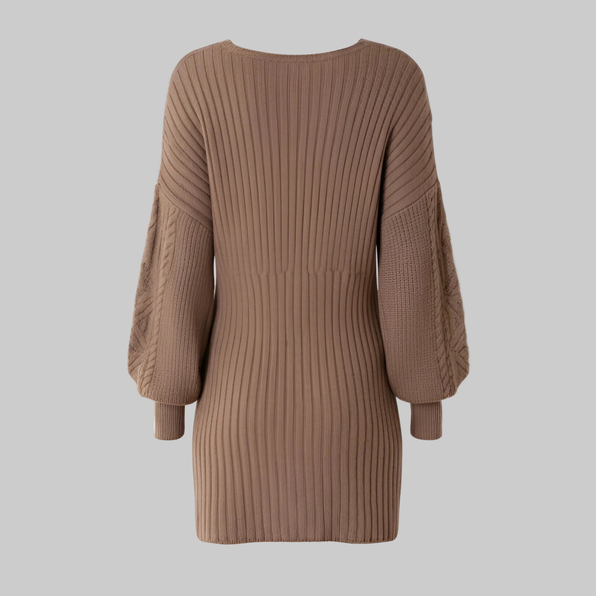 Brown ribbed sweater dress on a white background