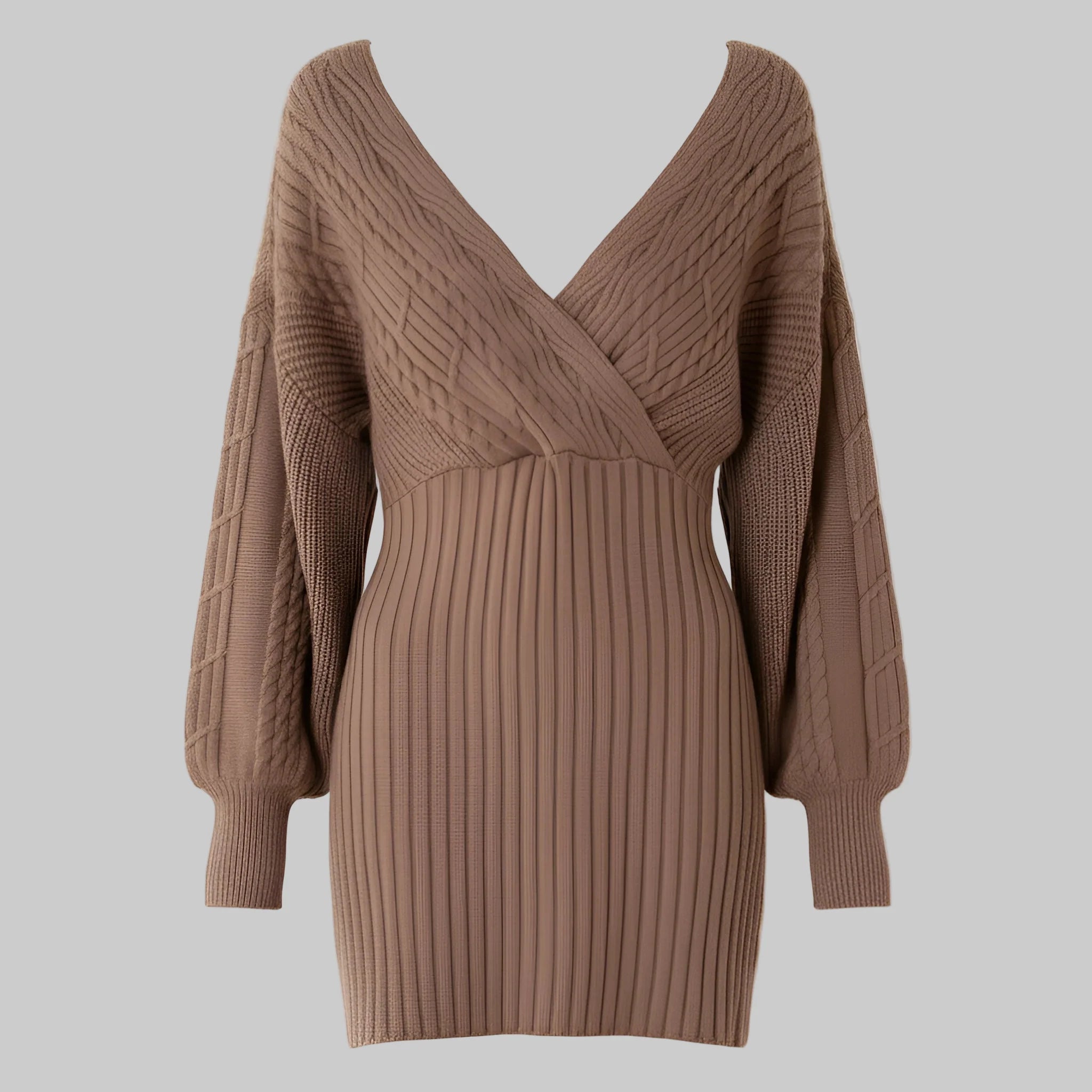 Brown ribbed sweater dress on a white background