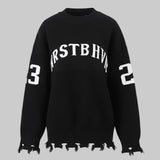Black sweater with white text and numbers on a white background