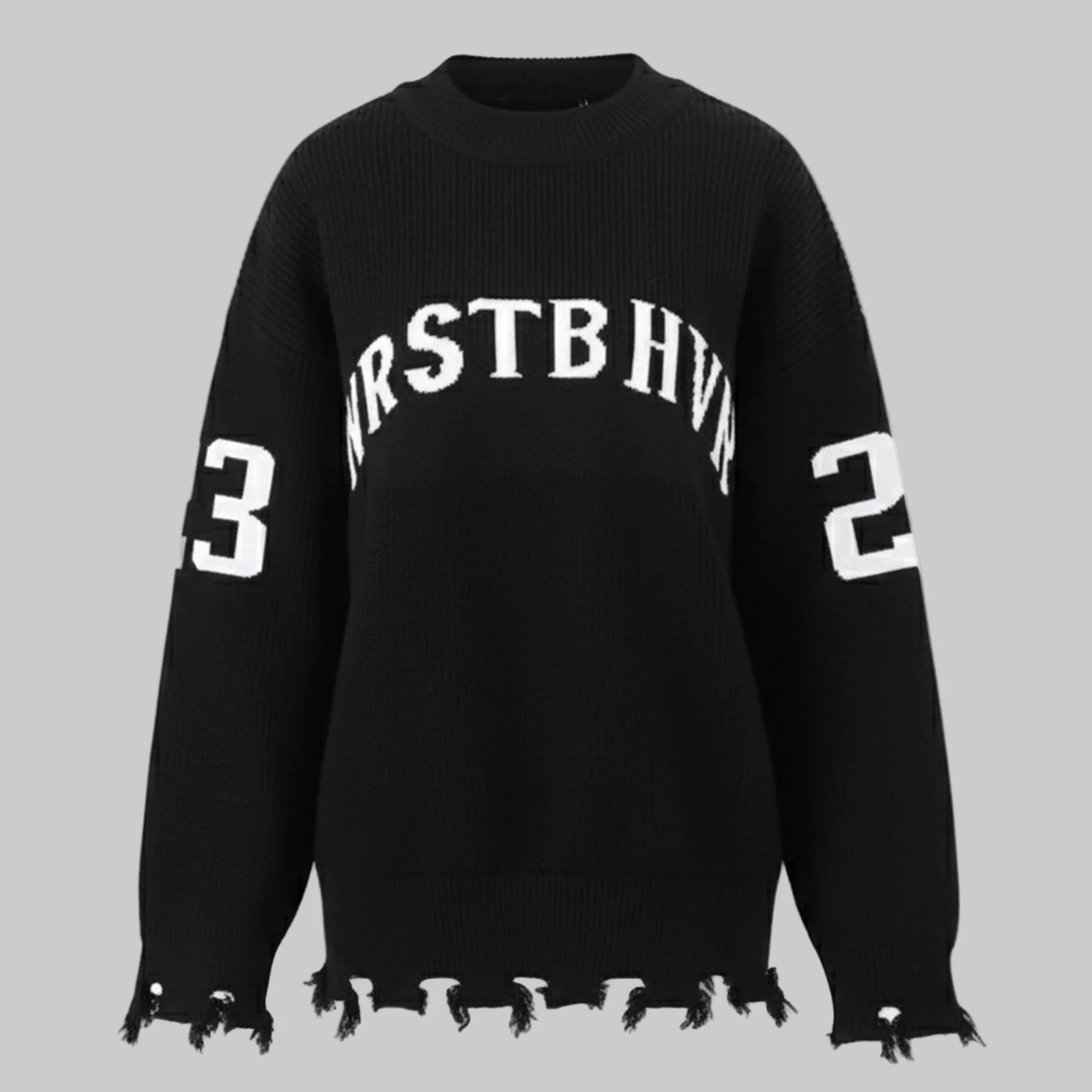 Black sweater with white text and numbers on a white background