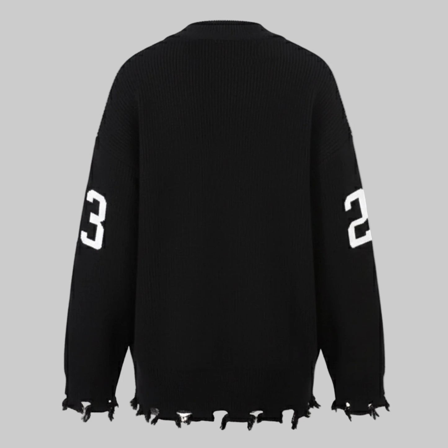 Black sweater with white numbers on a white background
