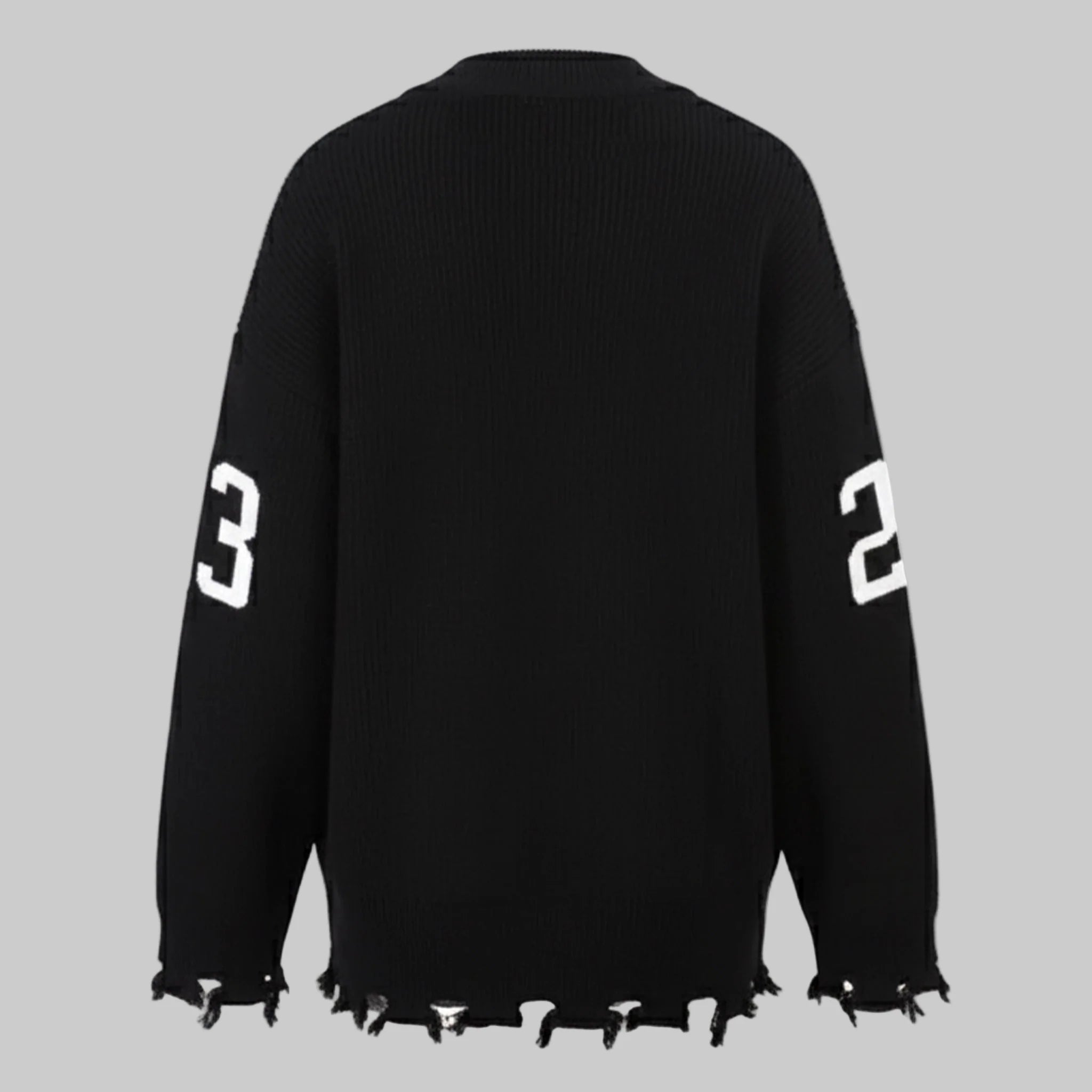 Black sweater with white numbers on a white background