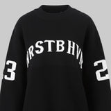 Black sweater with white text and numbers on a white background