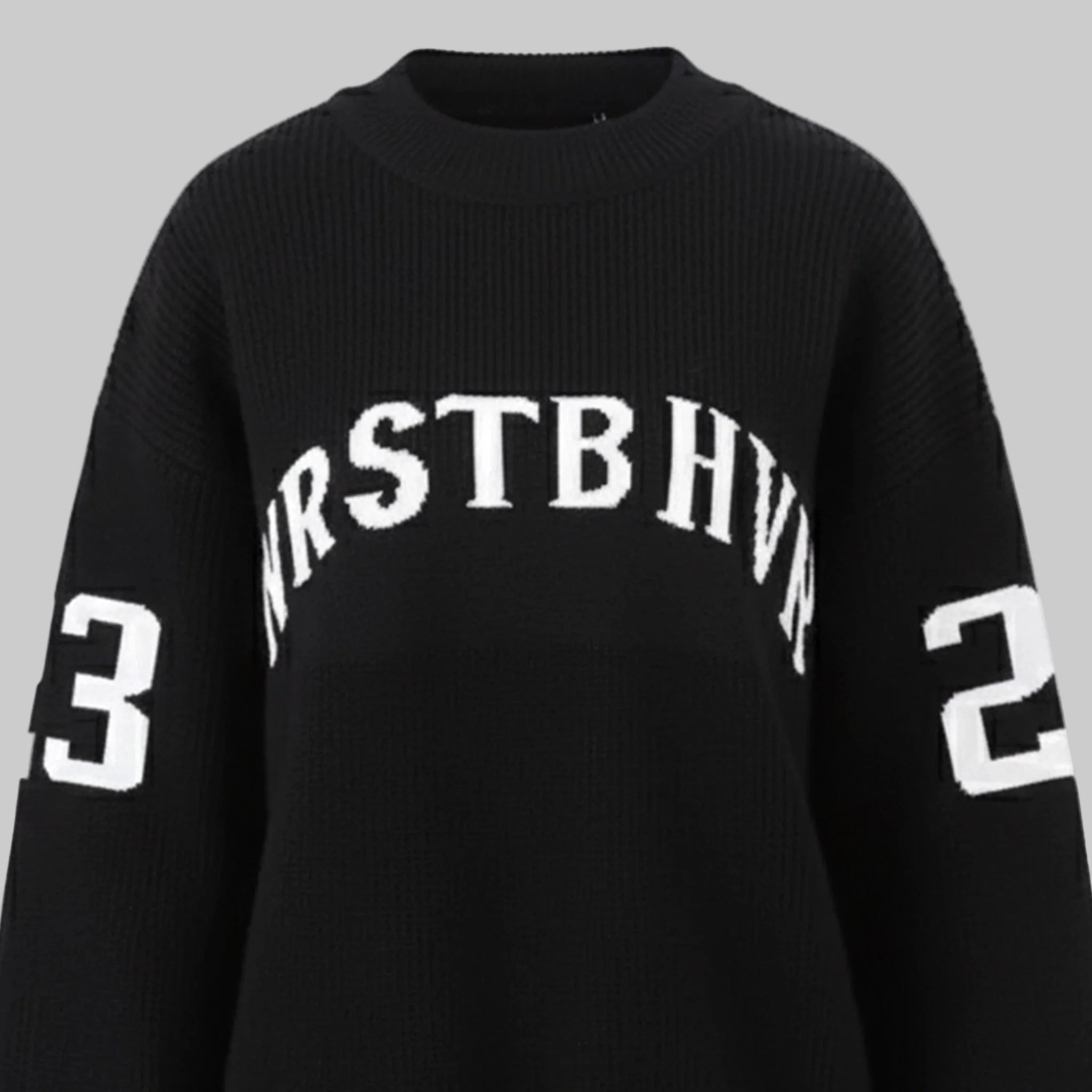 Black sweater with white text and numbers on a white background